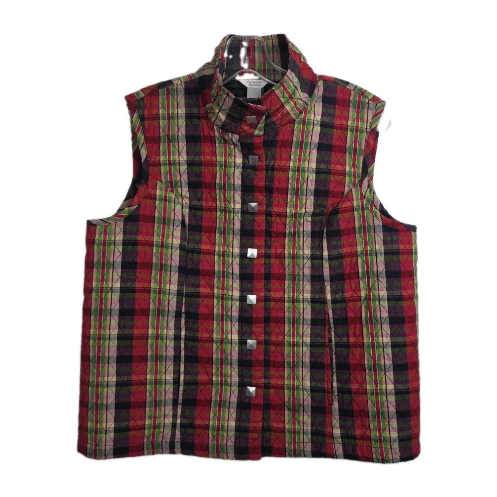 Christopher & Banks Quilted Snap-Up Vest Women's L Red/Green/Gray Plaid